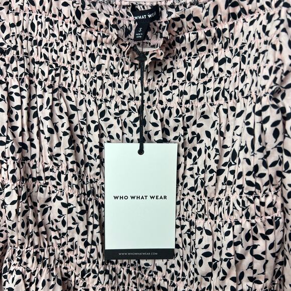 NWT Who What‎ Wear Pink Mini Leaves Smocked Puff-Sleeve Peplum Top Size S - Picture 2 of 11